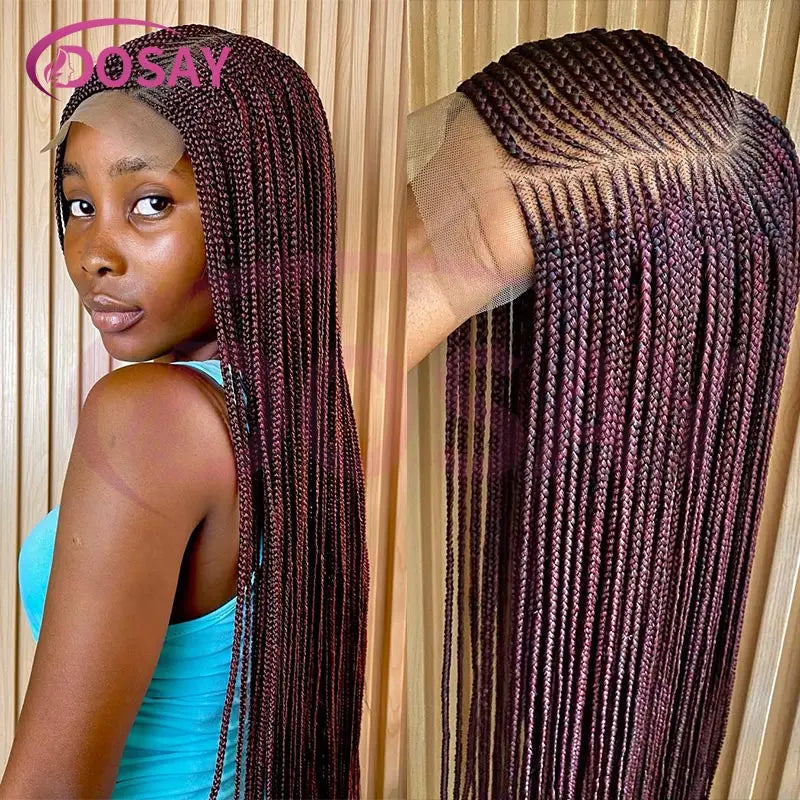 36'' Burgundy Full Lace Braided Wigs Faux Locs for Black Women Synthetic Knotless Cornrow Braid Wig Side Part Wig Box Braids Wig
