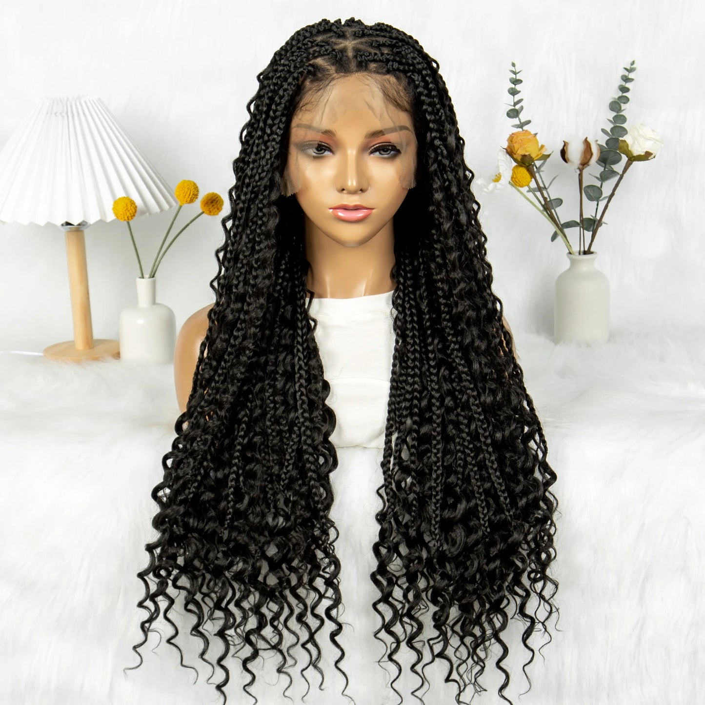 Boho Braided Wig Bohemian Box Braids Wig Synthetic Full Lace Wigs Triangle Goddess Braids Curly End with Baby Hair - Britica's Beauty On The Go