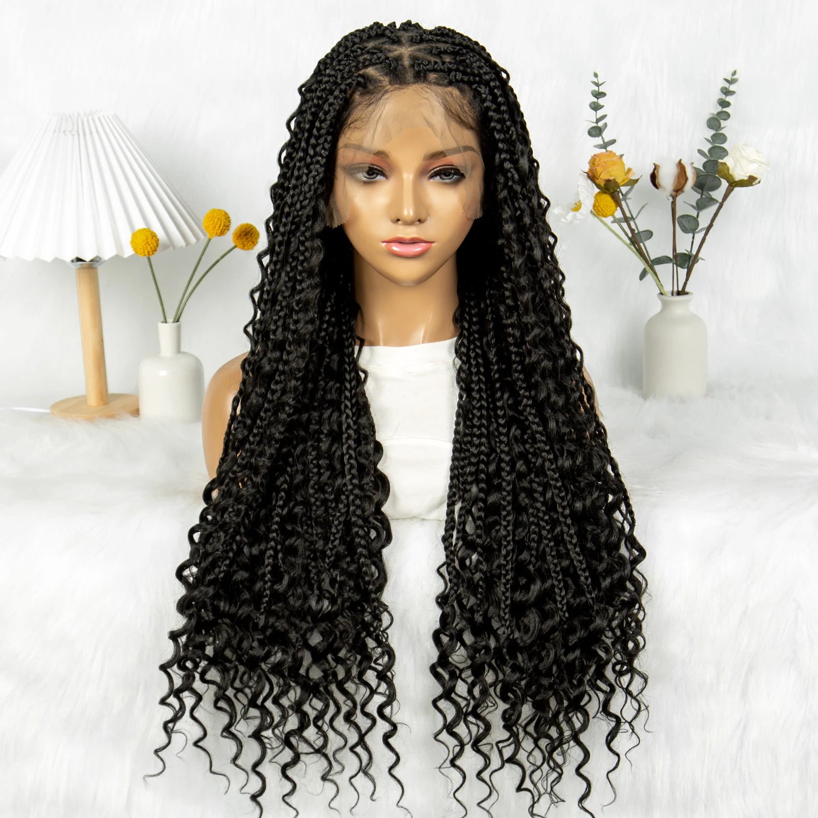 Boho Braided Wig Bohemian Box Braids Wig Synthetic Full Lace Wigs Triangle Goddess Braids Curly End with Baby Hair - Britica's Beauty On The Go