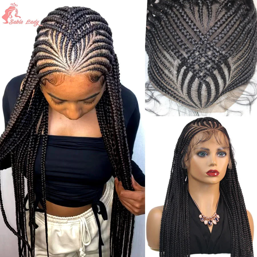 36Inch Knotless Box Braided Wigs Synthetic Full Lace Cornrows Braids Wig With Baby Hair Goddess Fulani Braiding Wigs Black Women - Britica's Beauty On The Go