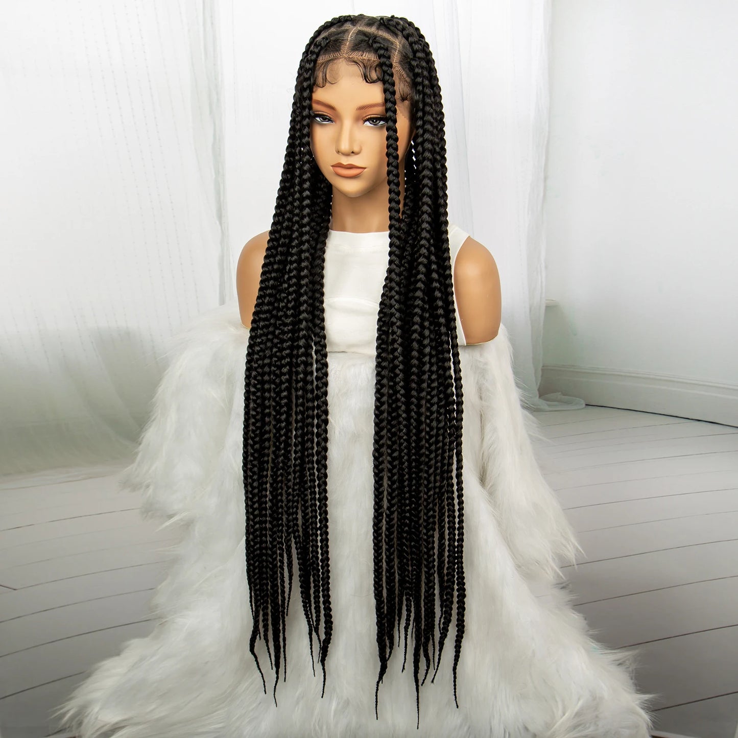 Synthetic Transparent Full Lace Braided Wigs Knotless Box Braids Wig for Black Women 34 inches Synthetic Hair Wig Long Black - Britica's Beauty On The Go