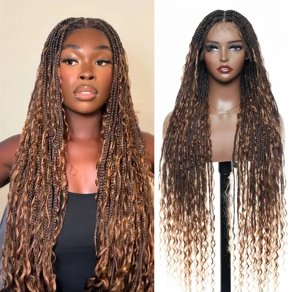 360 Full Lace Wig Knotless Bohemian Braided Curls Ombre Brown Invisible Drawstring Wig Deep Wave Boho Braids Brazilian HD Lace Unit - Britica's Beauty On The Go