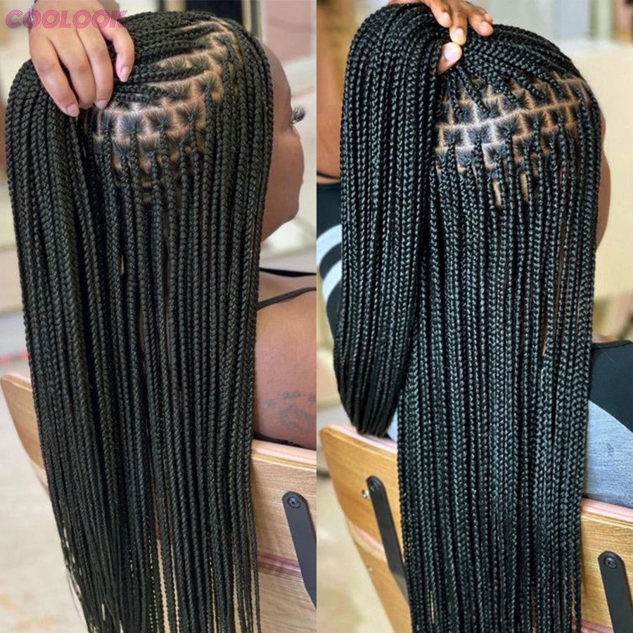 Cornrows Braided Wig Small Square Knotless Box Braids Wigs For Black Women With Baby Hair Synthetic Long 36Inches Braiding Hair - Britica's Beauty On The Go