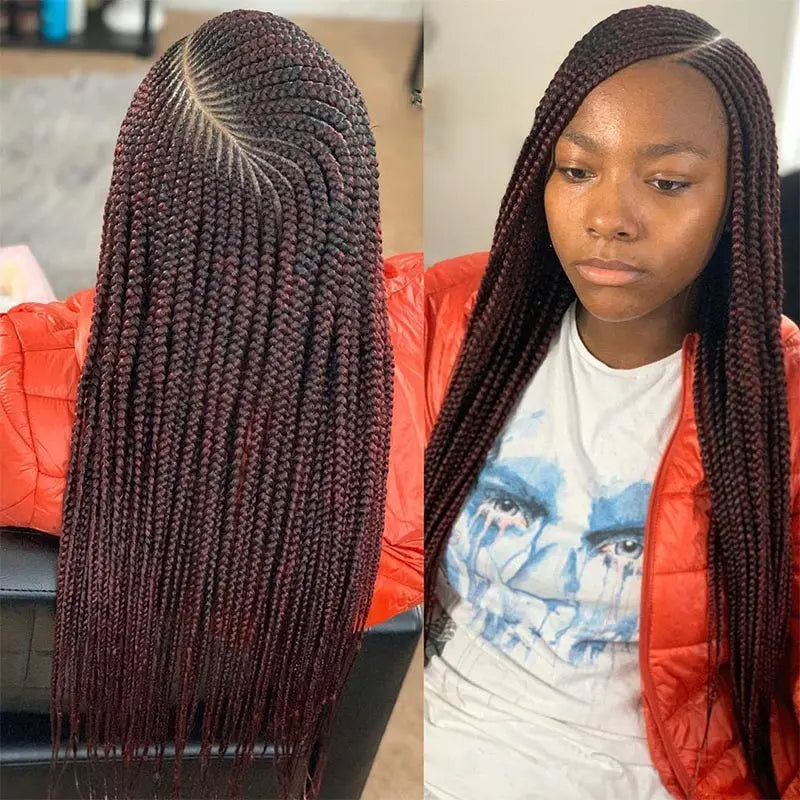36'' Burgundy Full Lace Braided Wigs Faux Locs for Black Women Synthetic Knotless Cornrow Braid Wig Side Part Wig Box Braids Wig