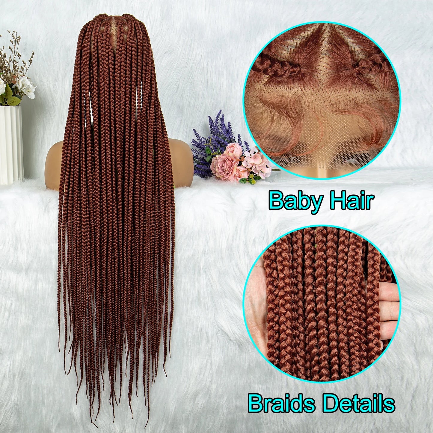 Transparent HD Full Lace Braided Wig, Knotless Box Cornrow Braids, Ginger Color