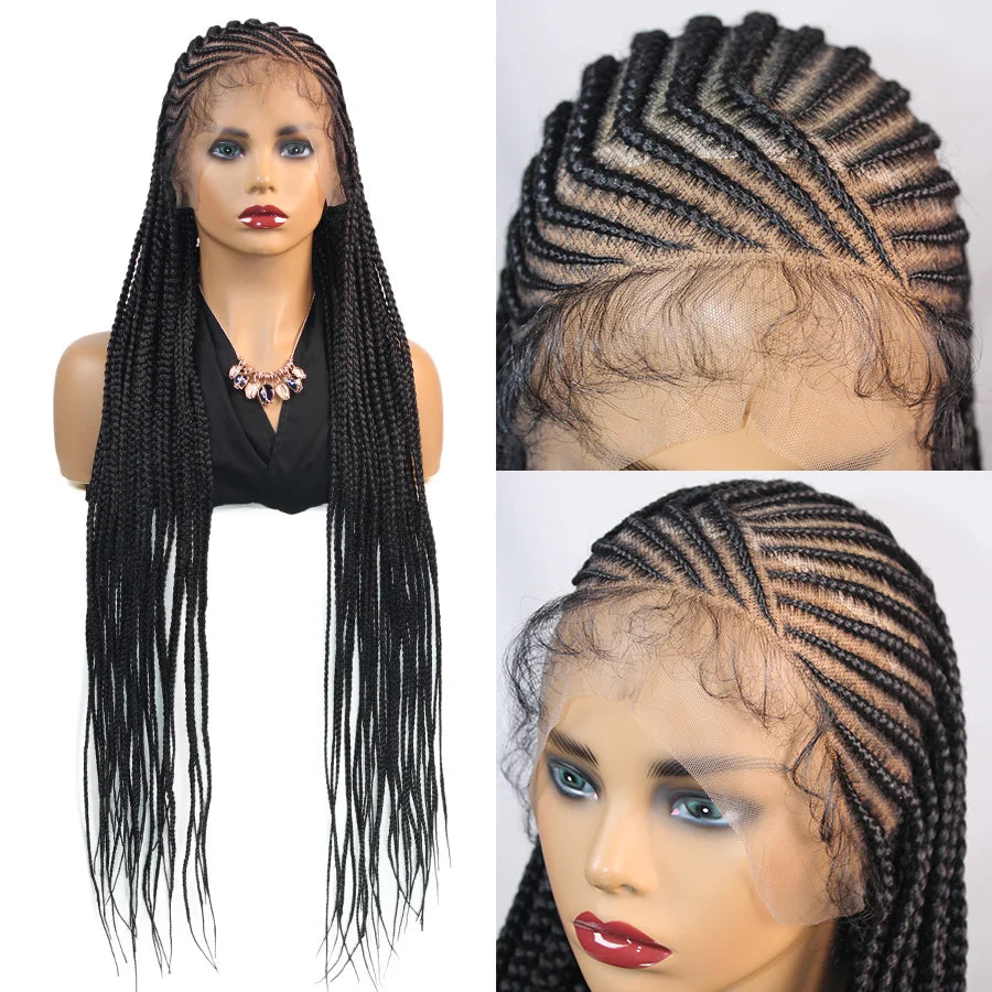 36Inch Knotless Box Braided Wigs Synthetic Full Lace Cornrows Braids Wig With Baby Hair Goddess Fulani Braiding Wigs Black Women - Britica's Beauty On The Go